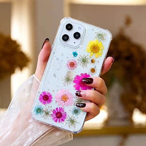 CCwın ile Uyumlu iPhone 12 Kılıf için Kadın, Temizle Yumuşak Silikon ile El Yapımı Preslenmiş Gerçek Kurutulmuş Çiçek, Glitter