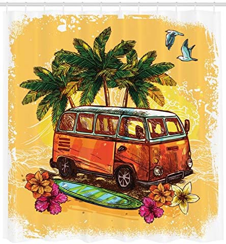 Ambesonne Sörf Duş Perdesi, Hippi Klasik Eski Otobüs ile Sörf Özgürlük Tatil Egzotik Yaşam Kabataslak Sanat, Bez Kumaş Banyo