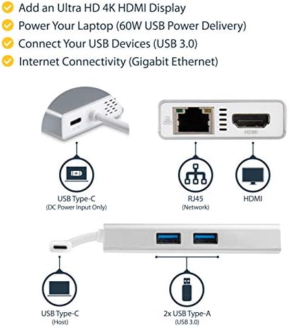 StarTech.com USB - C Multiport Adaptörü-USB-C Seyahat Yuvası w/ 4K HDMI - 60W Güç Teslimatı Pass-Through, GbE, 2pt USB-A 3.0