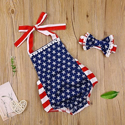 4th Temmuz Bebek Kız Romper Amerikan Bayrağı Halter Backless Tulum Ruffles Romper Bodysuit Tutu Elbise ile Kafa Bandı