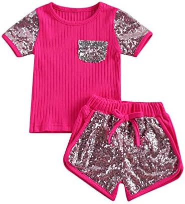 Toddler Bebek Kız Giysileri Kıyafetler Payetler Cep Örme Kısa Kollu T-Shirt ve Şort