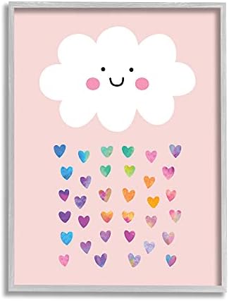 Stupell Industries Raining Rainbow Hearts with Happy Cloud, Yedi Ağaç Tasarımı Gri Çerçeveli Duvar Sanatı, 24 x 30, Pembe