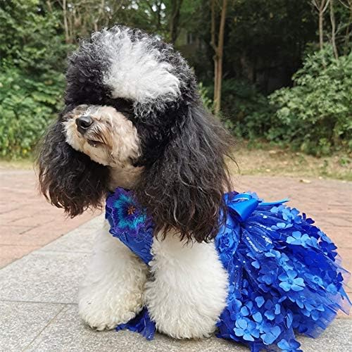 FEGOCLT El Yapımı Köpek Giysileri Muhteşem Kraliyet Mavi Oyalamak 3D Çiçekler Daha Katmanlar Tül Elbise Pet Kediler Prenses