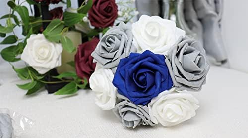D-Yedı 25 pcs yapay çiçek Beyaz & Gümüş Gri & Kraliyet Mavi Güller için Kök ile DIY Düğün Buketleri Çiçek Düzenlemeleri Düğün