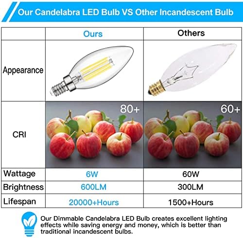 12-Pack Dim LED Şamdan Ampul 60 W Eşdeğer, 5000 K Günışığı Beyaz, 6 W Avize LED Filament Ampuller 600 Lümen, E12 Baz, B11 Dekoratif