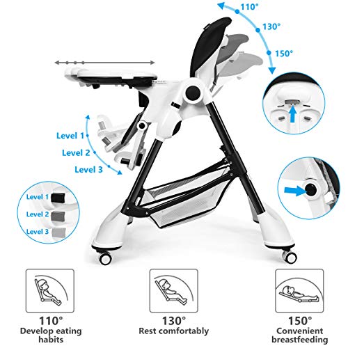 INFANS A-Şekilli Mama Sandalyesi, 4 Kilitlenebilir Tekerlek ve Büyük Depolama Sepeti ile-Çok Ayarlanabilir Yükseklik, Yaslanma
