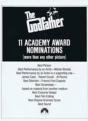 The Godfather 1973 Paramount / Akademi Ödülü ORİJİNAL Vintage 9x12 Endüstri Reklamı B