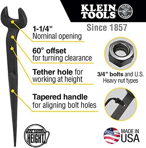 Klein Tools 3212TT Construction Spud Anahtarı, Bağlama Deliği, 1-1 / 4 İnç Nominal Açıklık, ABD Ağır Somunu için 3/4 inç Cıvata