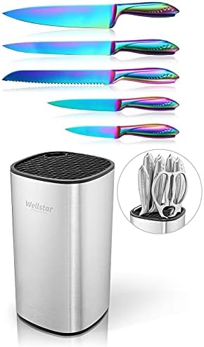 WELLSTAR Gökkuşağı Mutfak Bıçakları 5 Parça Set, Şef Oyma Ekmek Programı Soyma Bıçakları + Evrensel Paslanmaz Çelik Bıçak Blok