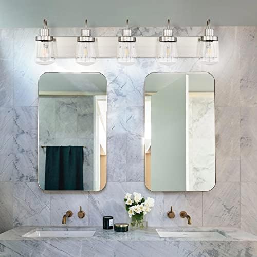 YIKOLUZ 5-Şeffaf Cam Abajurlu Hafif Makyaj Lambası, Saten Nikelde Banyo Vanity Işık Fikstürleri, Ayna Üzerinde Banyo Aydınlatma