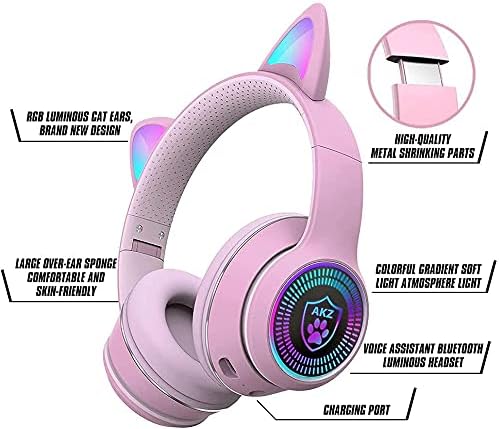 Kedi kulak oyun Bluetooth 5.1 kablosuz katlanabilir kulaklıklar LED ışıkları Stereo oyun müzik Surround ses aşırı kulak kulaklıklar