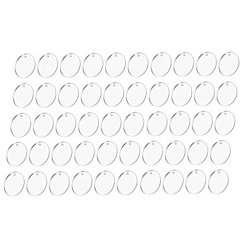 üVeans 1 İnç Çaplı Delikli 50 adet Şeffaf Yuvarlak Akrilik Diskler-Dayanıklı Şeffaf Boş Plastik Anahtarlıklar-Daire Akrilik