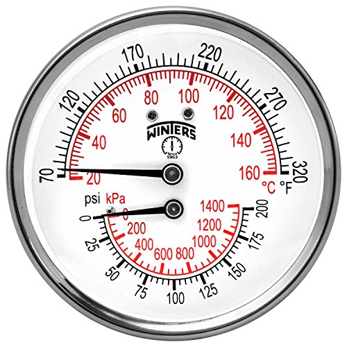Winters TTD Serisi Çelik Çift Ölçekli Tridicator Termometre ile 2 Kök, 0-200psi / kpa, 3 Dial Ekran, ±3-2-3 % Doğruluk, 1/2