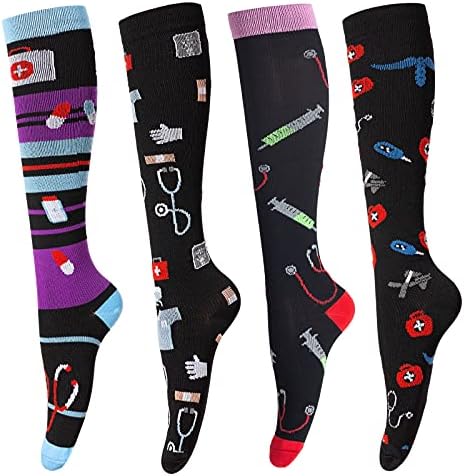 Hemşire için 4 Çift Tıbbi Sıkıştırma Çorapları, Eğlenceli Diz Yüksek Dolaşım Çorapları