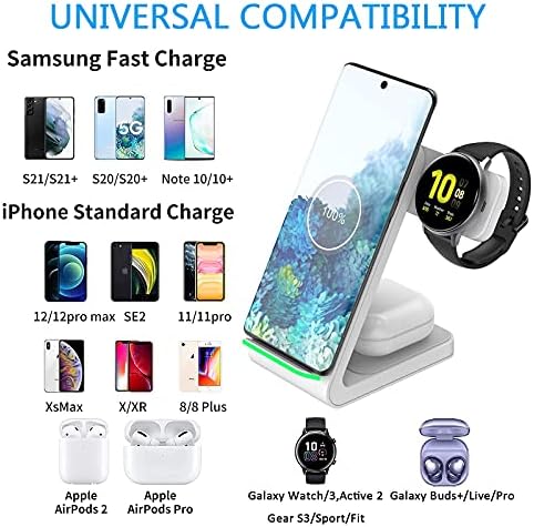 Samsung için Kablosuz Şarj Cihazı, 3'ü 1 arada 15W Hızlı Şarj İstasyonu Standı Galaxy Watch 3 / Aktif 2 / Dişli S3, Galaxy