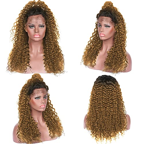 Ombre Dantel Peruk T1B / 27 insan saç peruk Bal Sarışın Kinky Kıvırcık dantel kapatma peruk Brezilyalı Bakire saç 4X4 Ücretsiz