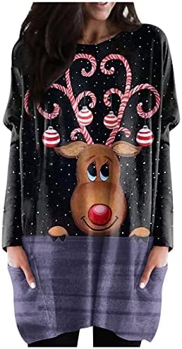 Kadın Elbise Gömlek Noel Uzun Kollu Tops Santa Baskılı Kazak Gevşek Artı Boyutu T-Shirt Bluz ile Cepler