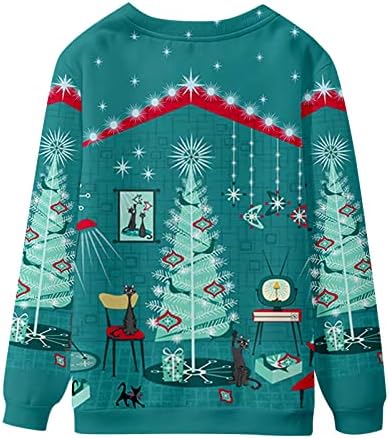 Bayan Noel Batik Gömlek Casual Estetik Ağacı Baskı Uzun Kollu Crewneck Kazak Gevşek Fit Kazak Tops