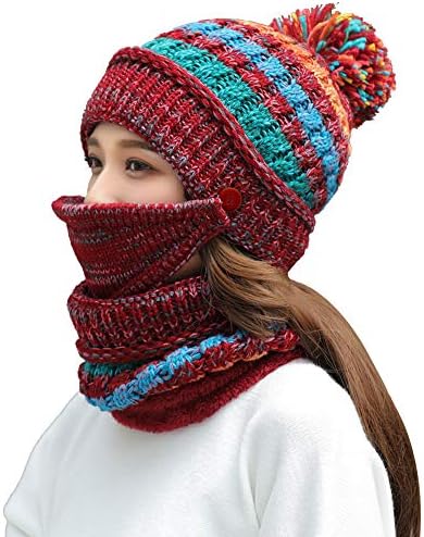 Polar astarlı Kış Şapka Kadınlar için Örgü Bere şapka Eşarp Maske Set Sıcak Yumuşak Hımbıl Kafatası Kap Pom