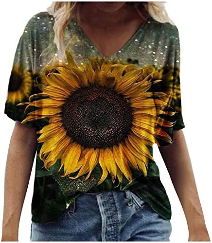 KEYEE Kadın Yaz V Yaka Üstleri, kadın Ayçiçeği Baskı T-Shirt Rahat Komik Kısa Kollu Gevşek Tops Vintage Tunikler
