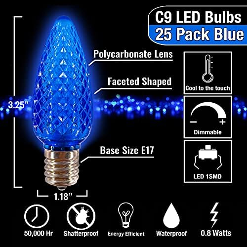 MİK Çözümleri tarafından C9 LED Yedek Ampul (25 Paket) LED Mavi Yedek Noel Ampuller Faceted Güçlendirme Mum Şekli Ticari Sınıf