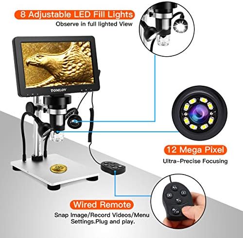 TOMLOV 7 LCD Dijital Mikroskop 1200X, Metal Standlı 1080P Video Mikroskop, 12MP Ultra Hassas Odaklama, LED Dolgu ışıkları,