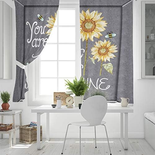 T & H Ev Ayçiçeği Perdeleri, karartma Perdesi Gümüş Grommet Sen Benim Güneş Desenli Kumaş 2 Panel Seti, karartma Perdeleri