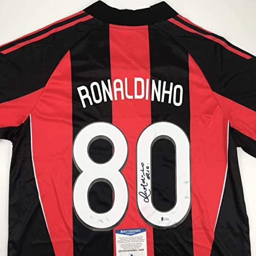 İmzalı / İmzalı Ronaldinho AC Milan Kırmızı / Siyah Futbol Futbol Forması Beckett BAS COA