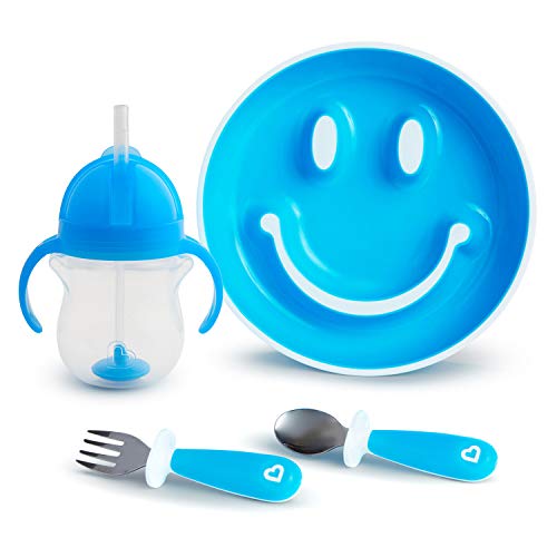 Munchkin Be Happy Toddler Yemek Takımı, Emme Plakası, Saman Kabı ve Gereç Seti içerir, Mavi