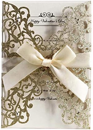 AdasBridal 50 Pcs Glitter Çiçek Lazer Kesim düğün davetiyesi Kartları ile Zarf Boş İç Levha ve Şerit için Düğün Nişan Gelin