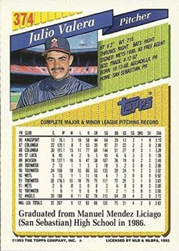 1993 Topps Altın Beyzbol 374 Julio Valera California Angels Topps Şirketinden Resmi MLB Ticaret Kartı