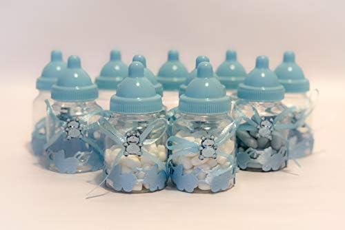 plastikten yapılmış 120 adet Mini Bebek Şişeleri, Mavi Bebek Şişeleri, Bebek Duş İyilik, Erkek Şişe İyilik, Bebek Duş Dekor,