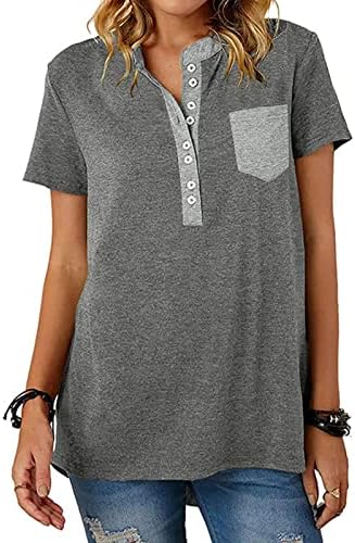 KCJGIKPOK Bayan Kısa Kollu Gömlek Düğme Aşağı Gömlek Moda Gömlek Yuvarlak Boyun T Shirt Cep Gevşek Casual Bluzlar