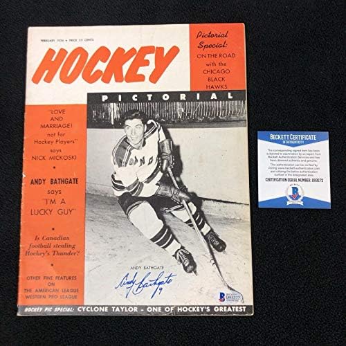 Andy Bathgate, New York Rangers 1956 Hokey Resim Dergisi Beckett Coa'yı İmzaladı-İmzalı NHL Dergileri