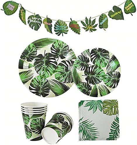 COMCOM A'MIG, Hawaii Parti Dekor Palmiye Yaprakları kiraz Kuşu Afiş Kağıt Tabaklar Bardak Peçeteler Tek Kullanımlık sofra seti