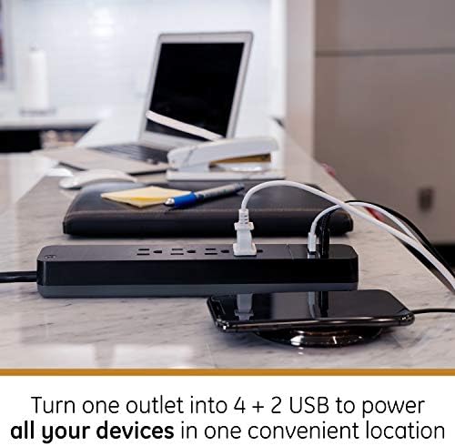 Kablosuz Şarjlı GE UltraPro 4 Çıkışlı 2 USB Dalgalanma Koruyucusu, 3 ft Tasarımcı Örgülü Uzatma Kablosu, Qi Şarj Pedi ve 6
