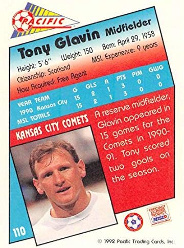 1991-92 Pasifik MSL Futbol 110 Tony Glavin Kansas City Comets Resmi Büyük Futbol Ligi Ticaret Kartı
