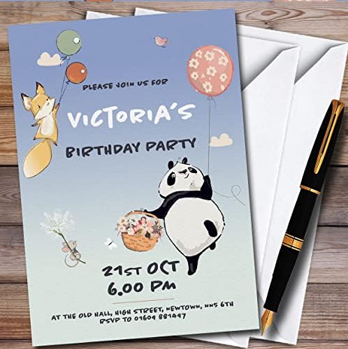 Panda ve Tilki Portre Kişiselleştirilmiş çocuk Çocuk Doğum Günü Partisi Davetiyeleri