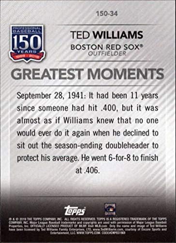 2019 Topps 150 Yıl Profesyonel Beyzbol Beyzbol 150-34 Ted Williams Boston Red Sox Resmi MLB Ticaret Kartı Topps Tarafından