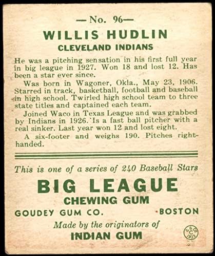 1933 Goudey 96 Willis Hudlin Cleveland Kızılderilileri (Beyzbol Kartı) VG / EX + Kızılderililer