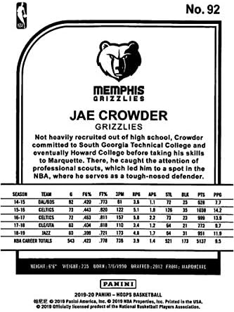 2019-20 Panini Çemberler Kış 92 Jae Crowder Memphis Grizzlies NBA Basketbol Ticaret Kartı