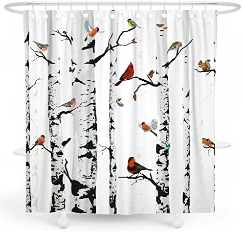 DESİHOM Beyaz Huş Ağacı Duş Perdesi Kuş Duş Perdesi Hayvan Duş Perdesi Polyester Kumaş-72 x 72