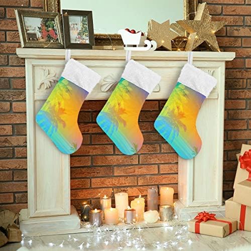 YUEND Noel Stocking Kitleri için Büyük Aile Tatil Noel Parti Süslemeleri ile Beyaz Peluş Trim Vintage Gökkuşağı Renkli Palmiye