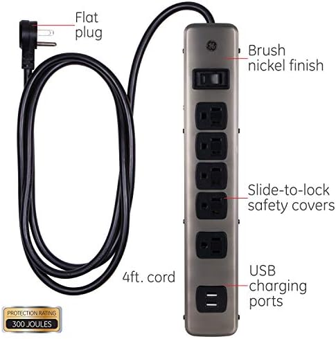 GE 5 Çıkışlı Aşırı Gerilim Koruyucu Güç Şeridi, 2 USB Bağlantı Noktası, 4 ft Uzunluğunda Uzatma Kablosu, Düz Fiş, Ekstra Geniş