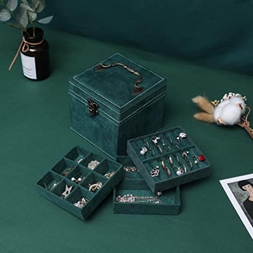BENİM MİRONEY Üç-Katmanlı Mücevher Kutusu Yeşil Süet Takı Ekran Kutusu Organizatör Vintage takı saklama kutusu ile metal kolu