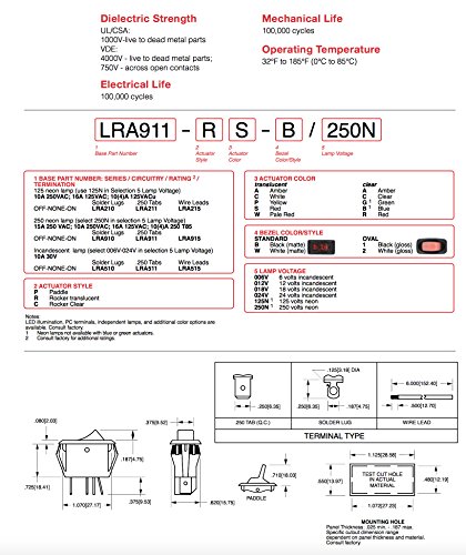 2X CARLİNG TECHNOLOGİES LRA911-RS-B / 120N Işıklı Rocker Anahtarı, SPST, 3 Bağlantı