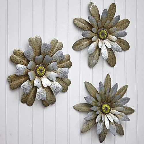 Lakeside Koleksiyonu Rustik Galvanizli Metal Asılı Duvar Çiçekler Dekor - 3 Set-Sıkıntılı Bitirmek