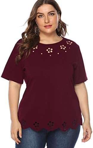 5665 Gömlek kadın artı boyutu rahat gömlek dantel çiçek ekleme O-boyun kısa kollu T-Shirt bluz Tops