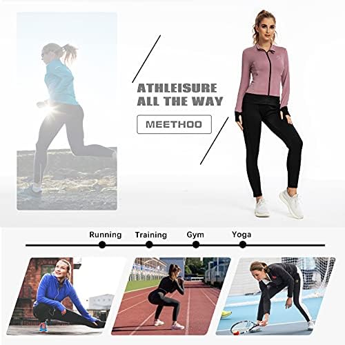 MeetHoo kadın Tam Zip-up Spor Ceketler, Slim Fit Hafif Yoga Egzersiz Koşu Ceket Başparmak Delikleri ile