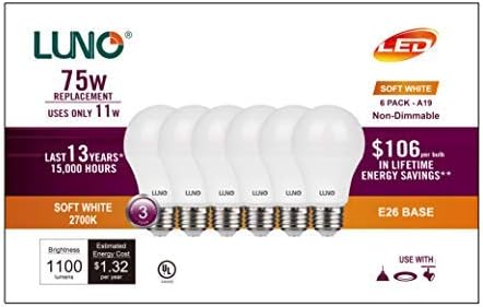 LUNO A19 Kısılabilir Olmayan LED Ampul, 11W (75W Eşdeğeri), 1100 Lümen, 2700K (Yumuşak Beyaz), Orta Taban (E26), UL Sertifikalı